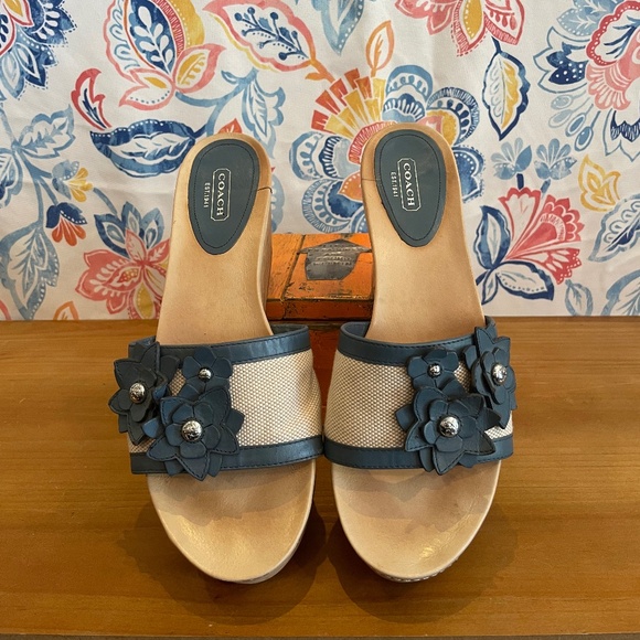 Coach Blue and Tan Wedge Sandals - Picture 2 of 2